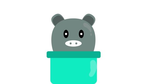 Animated Illustration of cute pig emerge from the pot white screen and green screen. Perfect for kids, footage 4k