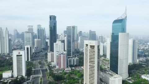 JAKARTA - Indonesia. July 23, 2021: Aerial view of Jakarta city situation during emergency public activity restriction (PPKM Darurat). Shot in 4k resolution
