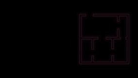 Glowing neon line House plan icon isolated on black background. 4K Video motion graphic animation.