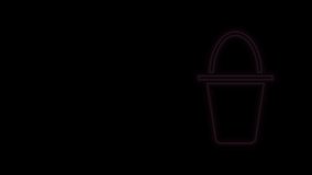 Glowing neon line Fishing bucket icon isolated on black background. Fish in a bucket. 4K Video motion graphic animation.