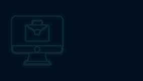 Glowing neon line Online working icon isolated on black background. Freelancer man working on laptop at his house. Remote work. Distant job concept. 4K Video motion graphic animation .