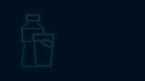 Glowing neon line Bottle of water with glass icon isolated on black background. Soda aqua drink sign. 4K Video motion graphic animation .