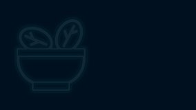 Glowing neon line Salad in bowl icon isolated on black background. Fresh vegetable salad. Healthy eating. 4K Video motion graphic animation .
