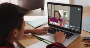 Schoolboy using laptop for online lesson at home, with girl talking and web chat on screen. communication technology and online elementary education concept, digital composite video.