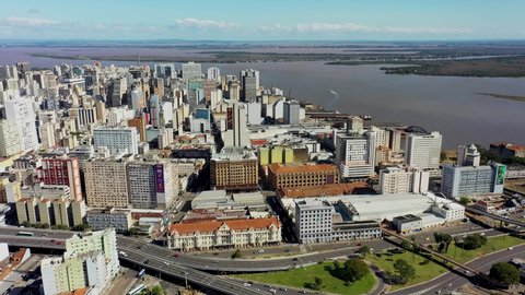 Porto Alegre, Rio Grande do Sul, Brazil - 07.27.2021 - Coastal panoramic view of landmark of brazilian coastal city. Buildings at downtown city of Porto Alegre, state of Rio Grande do Sul, Brazil.