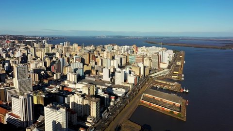 Porto Alegre, Rio Grande do Sul, Brazil - 07.27.2021 - Panoramic view of landmark of brazilian coastal city. Buildings at downtown city of Porto Alegre, state of Rio Grande do Sul, Brazil. 