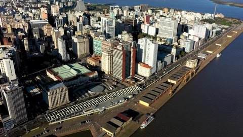 Porto Alegre, Rio Grande do Sul, Brazil. Aerial landscape of cityscape. Landmark of downtown city. Porto Alegre, Rio Grande do Sul, Brazil. Panoramic view of coastal city. Porto Alegre, Brazil. 