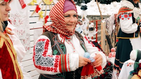 Gomel, Belarus - February 18, 2018: Woman Dressing In National Folk Headscarf During Celebration National Traditional Holiday Maslenitsa. Winter Spring Holiday.