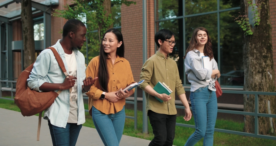 To the exam. Full length view of the four diverse classmates walking through the street and discussing something while going to the college. Education concept Royalty-Free Stock Footage #1076656622