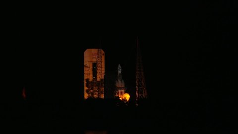 2020 Delta IV Heavy rocket night launch carries NROLL-44 mission payload into space orbit from Cape Canaveral, Florida.