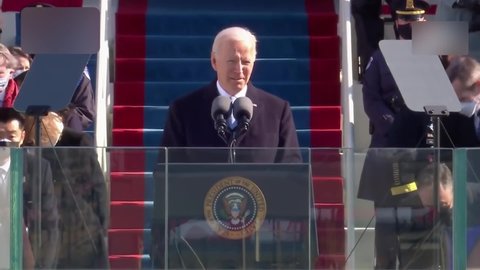 President Joe Biden speaks to a divided nation about democracy during his 2021 Inauguration Ceremony, Washington DC.