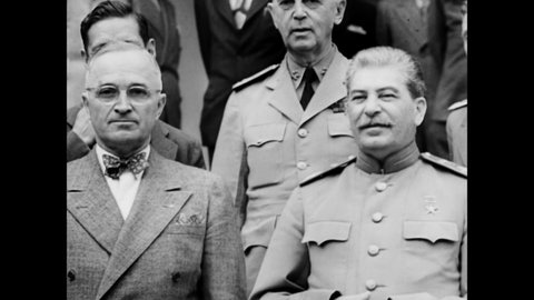 1945 - President Harry Truman, Joseph Stalin, and Prime Minister Winston Churchill meet at the Potsdam Conference in Kaiser Wilhelm's palace.