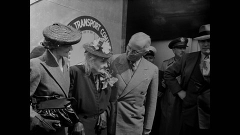 1945 - President Truman greets his mother at the airport in Washington DC to celebrate Mother's Day with her.