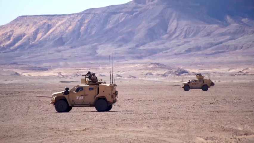 2021 Marines fire machine guns from light tactical vehicles, HIMARS desert combat rehearsal exercise, Tabuk, Saudi Arabia.