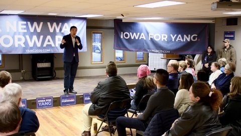 Entreprenuer, founder of Venture for America, Democrat Presidential Candidate Andrew Yang stump speech, 2020 Iowa Caucus.