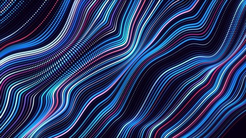 Particles form lines, lines form plane with waves. Abstract waves run along flat surface. Multi-colored stripes or lines as beautiful motion graphics background. Blue red white colors