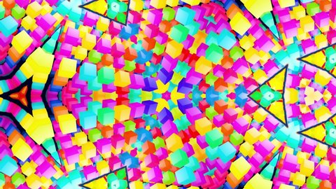 4k abstract looped background with symmetrical structures like kaleidoscope with lighting bulbs, multicolor neon lights. Vj loop for beat music, festive show or holiday events, festivals or concerts