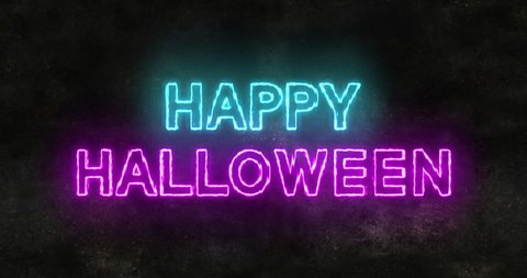 Happy Halloween neon flaming flashing text with glow effect on the background of an old wall, creativity graphics and modern design