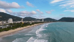 PHUKET THAILAND SEA BEACH. On 28 July, 2021. High Quality Nature Video Landscape Aerial View Beach Sea Coast and city. On Good Weather Day In Summer Travel. Phuket travel trip Andaman sea July 2021.