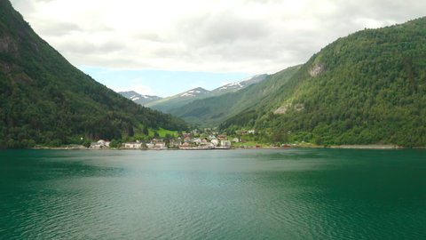 Wonderful View Of The Village Of Geiranger From Geiranger Fjord In Sunnmore, Norway At Daytime, wide shot