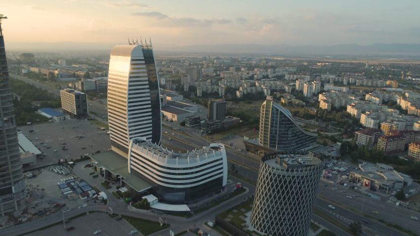 Aerial view of high rise office building in Sofia, Bulgaria | Shutterstock HD Video #1076682437