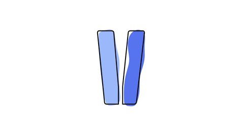 Letter V. 4K video. Blue font animated isolated on clear white background. Contrasting symbol, moving mobile form, black outline. Capital Letter V for software, user interface, mobile app, game.
