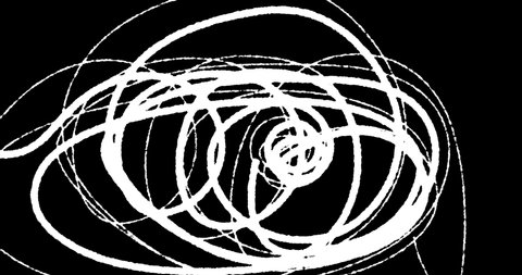 Animation white hand drawn tangle with scrawl, scribble, circles on black. Doodle thread drawing chaotic abstract background. Self drawing animation of line. Stock video 4k for dynamic web design