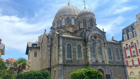 Biarritz, France - July 2021 :  Russian Orthodox church of Biarritz with its dome