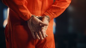 Cinematic Close Up Footage of a Handcuffed Convict at a Law and Justice Court Trial. Handcuffs on Accused Criminal in Orange Jail Jumpsuit. Law Offender Sentenced to Serve Jail Time. - Powered by Shutterstock - Get 15% off with code: PIKWIZARD15