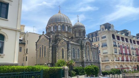 Biarritz, France - July 2021 :  Russian Orthodox church of Biarritz with its dome