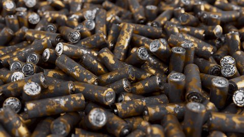 Tracking shot over large pack of rusted batteries with soft focus. Environment conservation concept. Wrong disposal of batteries. 3d render