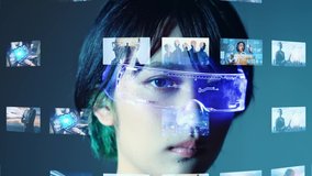 Young asian woman wearing VR goggles. Virtual reality. Digital contents.