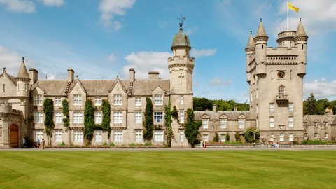CRATHIE, SCOTLAND, circa 2021 - Cinematic view of Balmoral Castle, a large residence in Royal Deeside, Scotland, UK, developed by Queen Victoria and Prince Albert in 1856, in Scottish Baronial style