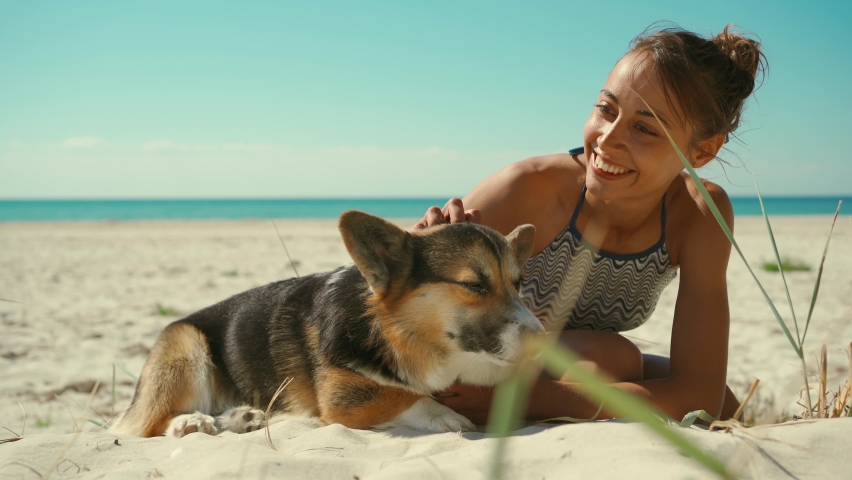happy affectionate and tender tanned woman in bikini lying on sand at sunny sea beach with her pet, cute welsh corgi dog. girl stroking and kissing her dog Royalty-Free Stock Footage #1076701688