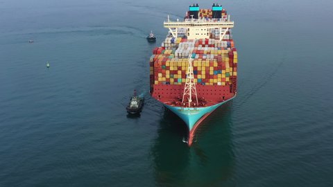 Port of Cholburi, Thailand - 05 05 2021: Aerial view of the arrival of Large container ship, Maersk Line containership Manila Maersk.