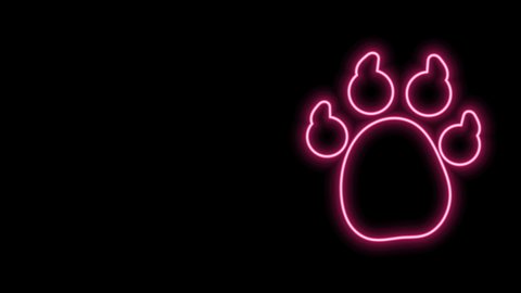 Glowing neon line Paw print icon isolated on black background. Dog or cat paw print. Animal track. 4K Video motion graphic animation.