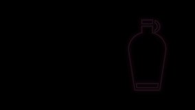 Glowing neon line Canteen water bottle icon isolated on black background. Tourist flask icon. Jar of water use in the campaign. 4K Video motion graphic animation.
