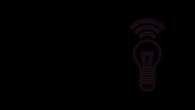 Glowing neon line Smart light bulb system icon isolated on black background. Energy and idea symbol. Internet of things concept with wireless connection. 4K Video motion graphic animation.