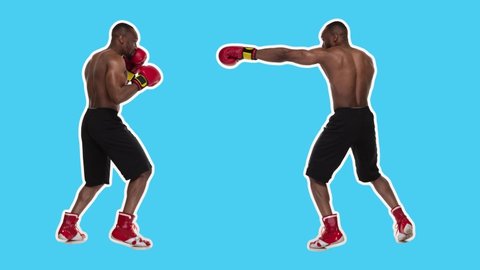 Stop motion design or art 2D animation. Two african american men boxing during training over color background. Funny boxers. Modern, conceptual, contemporary bright 4k collage. Digital composite video