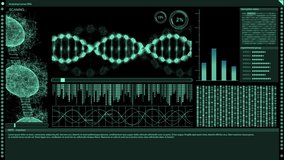 A futuristic technological interface that analyzes human DNA (Deoxyribonucleic acid), displayed patient medical data, genome sequencing, DNA imaging. health care information - Powered by Shutterstock - Get 15% off with code: PIKWIZARD15