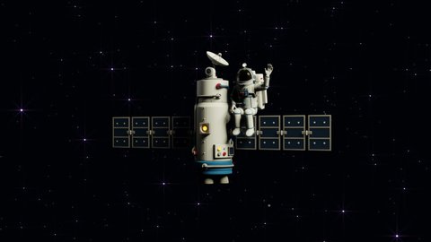 Cosmonaut and satellite in open space. Cartoon 3d astronaut in space waving his hand in greeting. 3d looped animation.