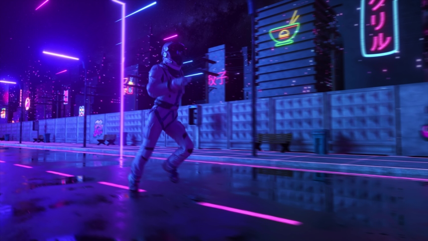An astronaut runs down the street in a neon city. 80s background. Retro style. Futuristic concept. 3D animation of seamless loop