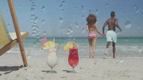 Animation of happy african american couple holding hands running on beach over sea. spending free time together, holidays and free time, digitally generated video.