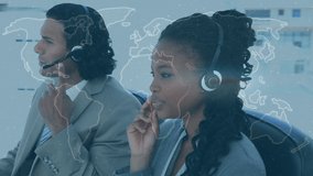 Animation of world map over diverse business colleagues using phone headsets in office. communication technology and keeping in touch, digitally generated video.