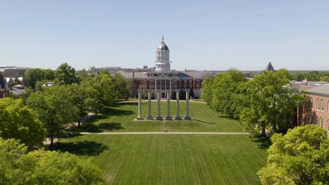 Columbia , Missouri , United States - 06 13 2021: Beautiful Aerial Establishing Shot of University of Missouri. Famous Columns
