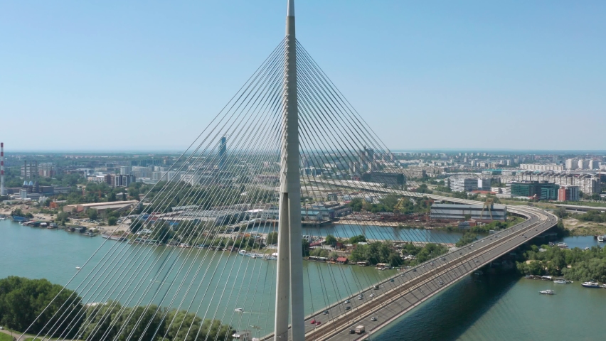 Aerial: iconic Ada Bridge in Belgrade Serbia, cable bridge over Sava river Royalty-Free Stock Footage #1076728445
