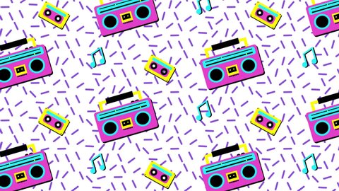 Animation of retro tape deck and cassettes with yellow squiggles purple lines moving on white. music, communication and colour, retro digital interface background concept digitally generated video.