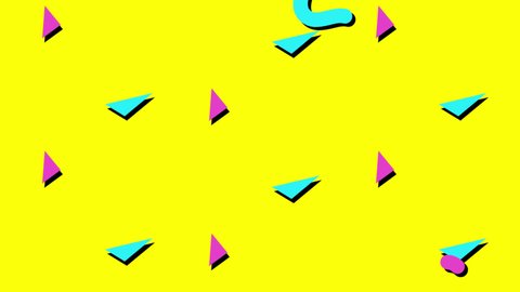 Animation of purple, pink and green squiggles and triangles moving on yellow background. movement, energy and colour, abstract digital interface background concept digitally generated video.