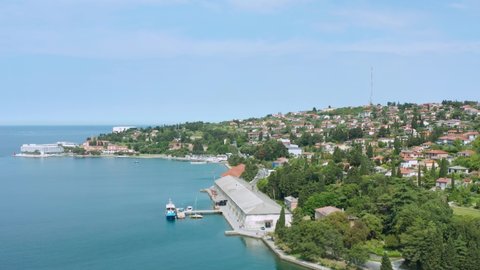 Panorama Of Medieval Town Of Piran At The Coast Of Adriatic Sea. aerial 