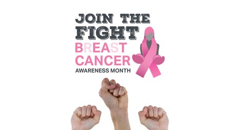 Animation of pink breast cancer ribbon logo with breast cancer text over raised fists. breast cancer positive awareness campaign concept digitally generated video.